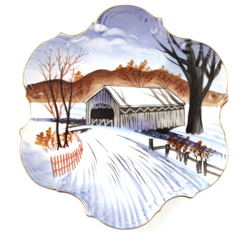 Covered Bridge In Winter Hand Painted Collector Plate - Norcrest Fine China
