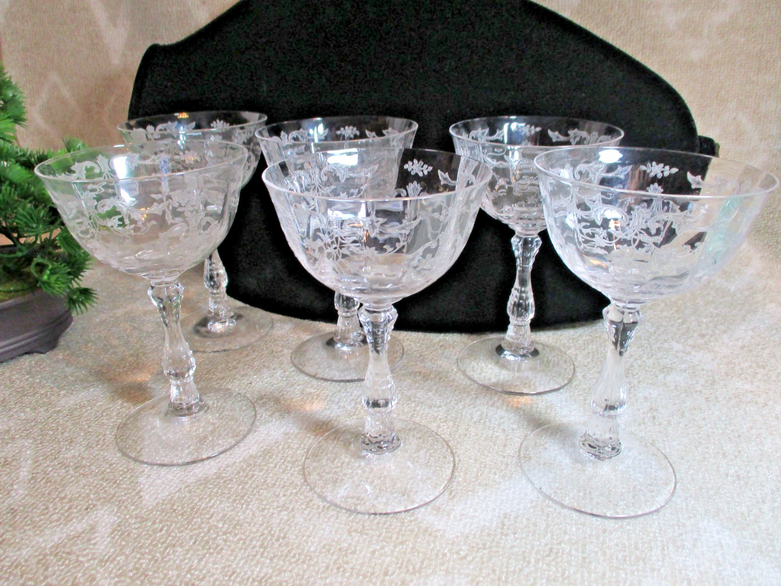 SIX Fostoria Navarre Stemmed Champagne Coupes 5.5” Tall Etched Crystal Glasses