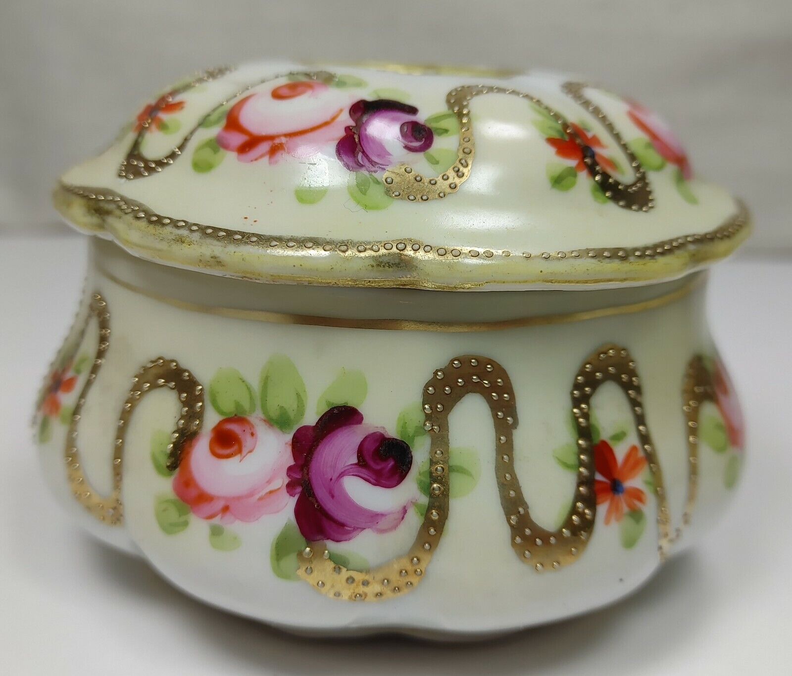 Antique Hand Painted Gold Swirl Flowers Porcelain Vanity Hair Receiver Box