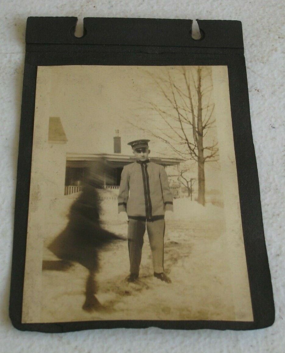 1910\'s Photo Boy in Uniform with Wraith Ghost Smoke Creature Running Original  