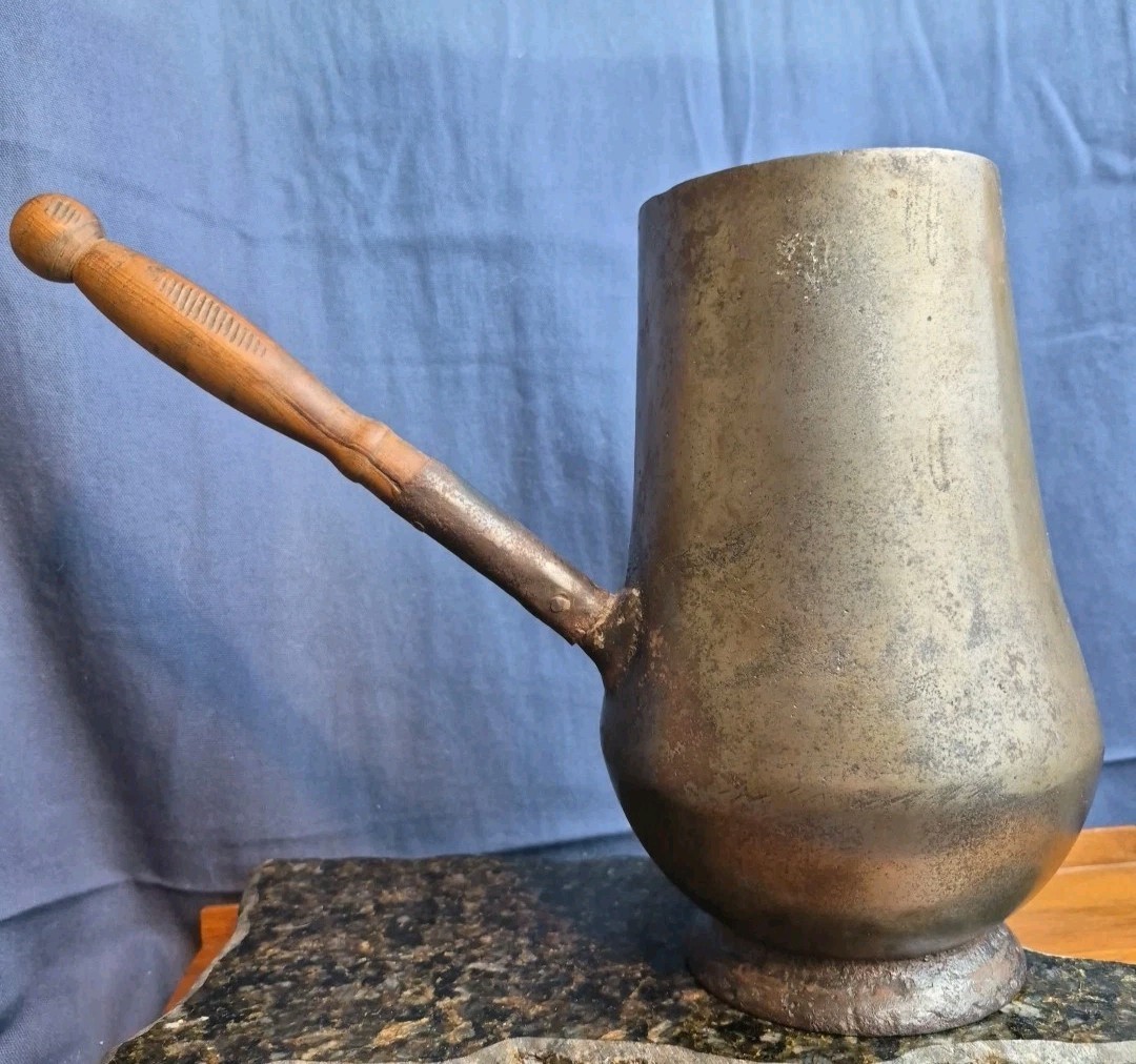 HEAVY Antique Prizer-Ware #4 Cast Iron Enamel Milk Warmer Saucepan Wood Handle