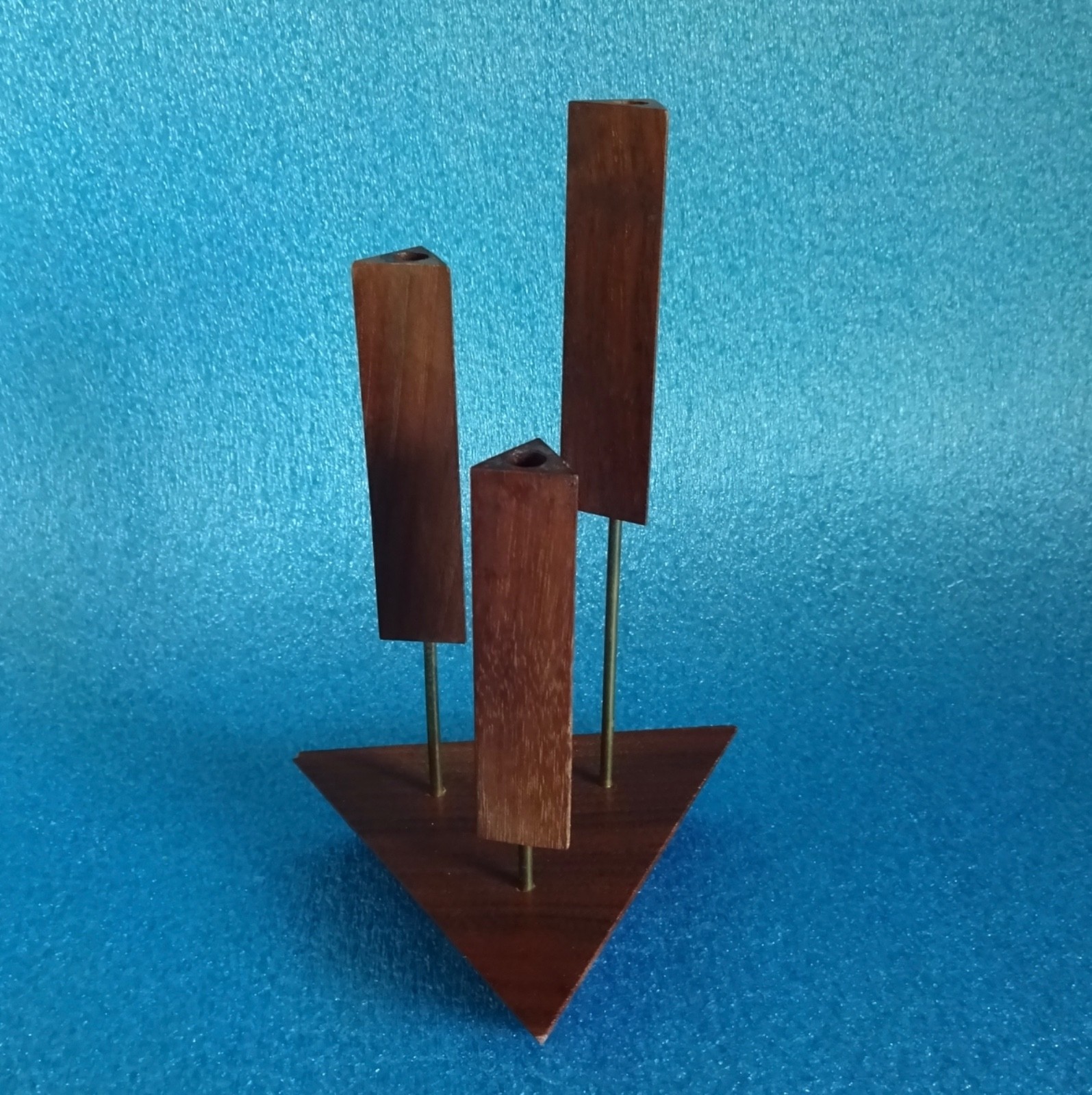 60s Vtg MCM Danish Triangular Wood Base Triple Taper Candle Holder Teak Walnut ?
