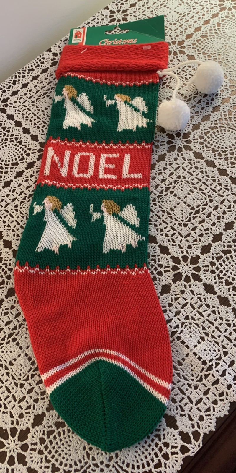 Vtg 1995 Christmas House Knit Holiday Stocking  Noel 18 Inch  Pompoms Brand New