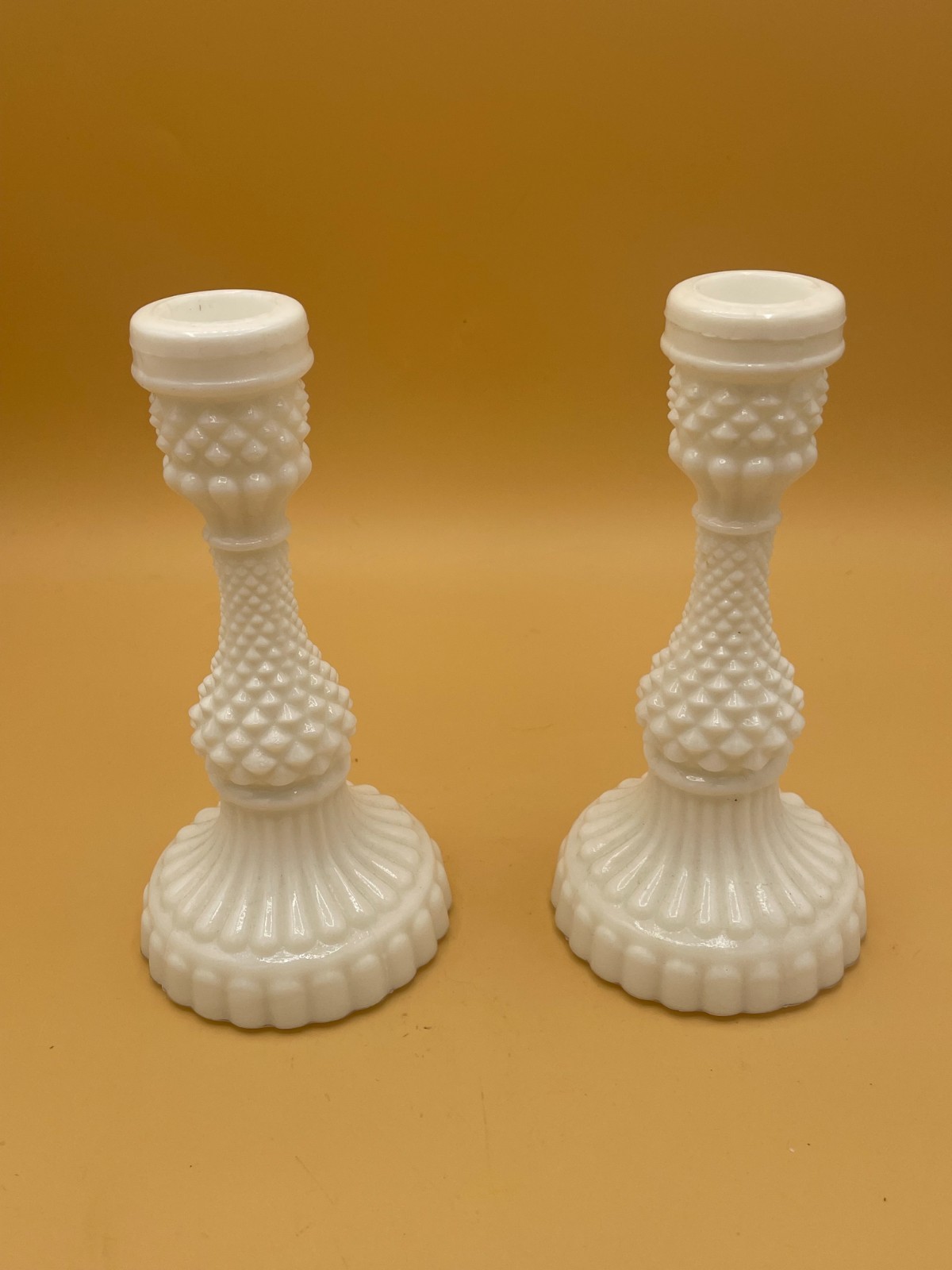 (357) VTG White Hobnail Milk Glass Candleholder Set 6.75
