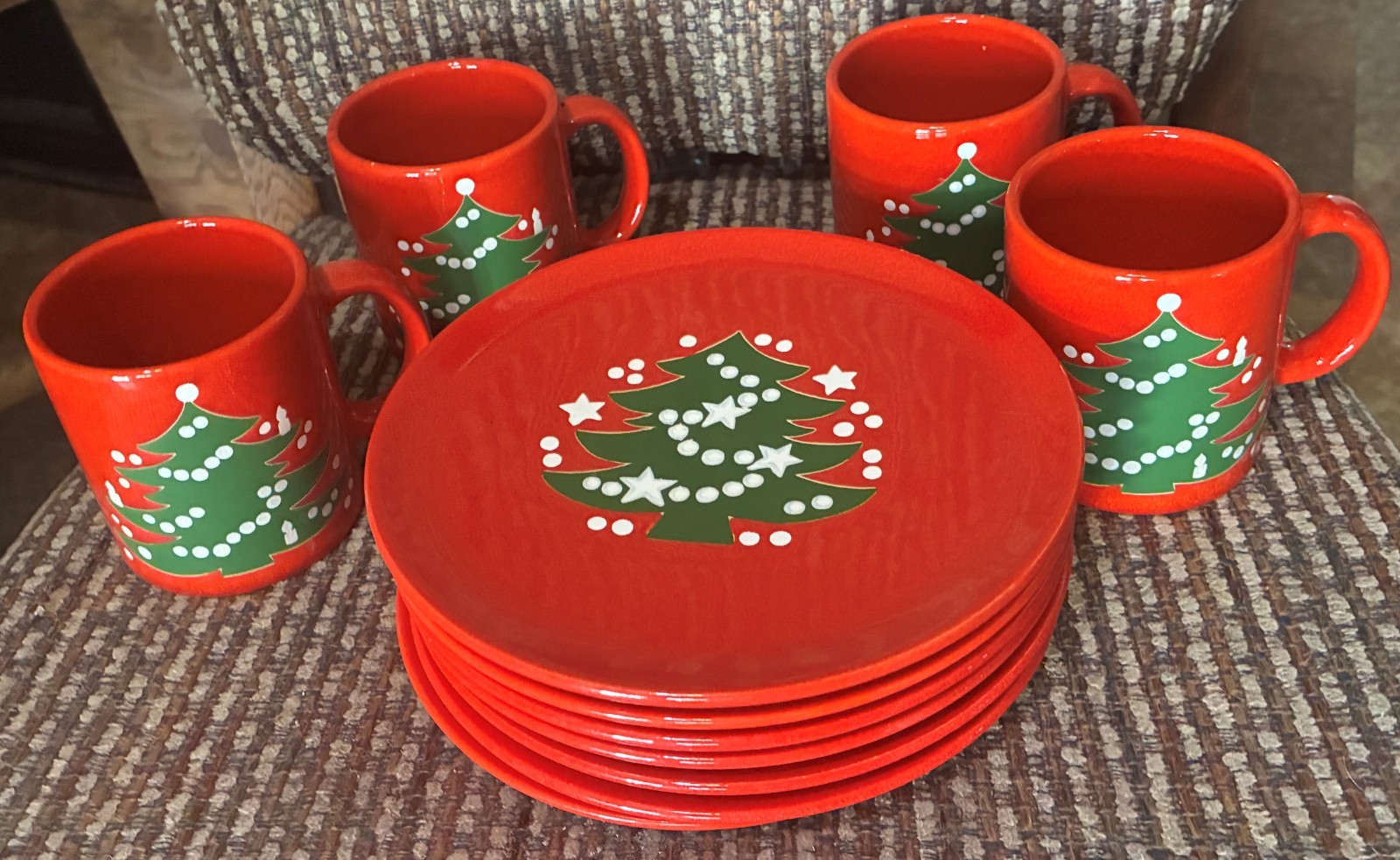 Vtg 11pc Waechtersbach Christmas Tree Coffee Set Red Spain & Stickers