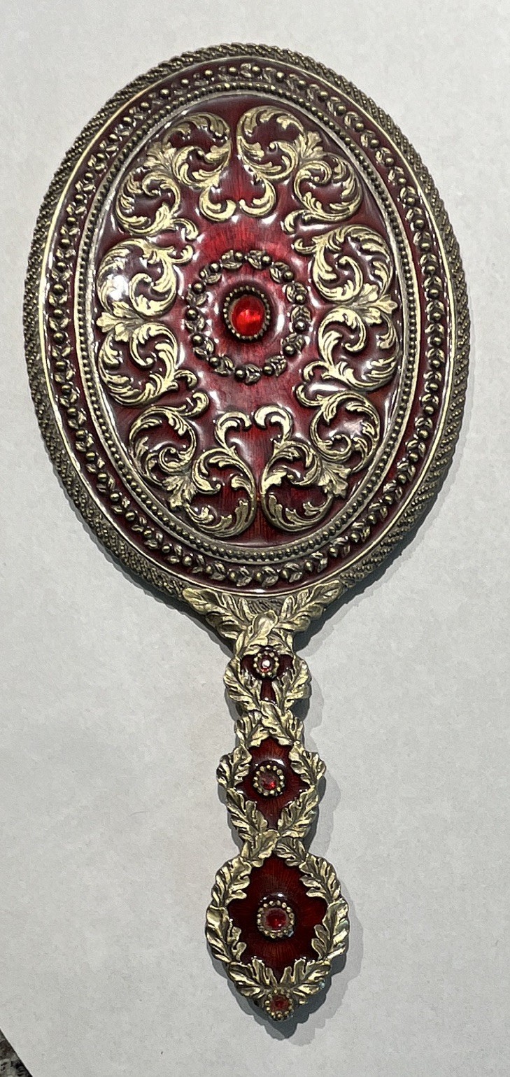 Vintage Handheld Mirror Coronet Bows Wreath Red Enamel Metal Heavy