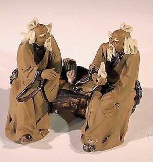 2 Mud Men Sitting On Bench With Musical Instrument Ceramic Bonsai Figurine 2\