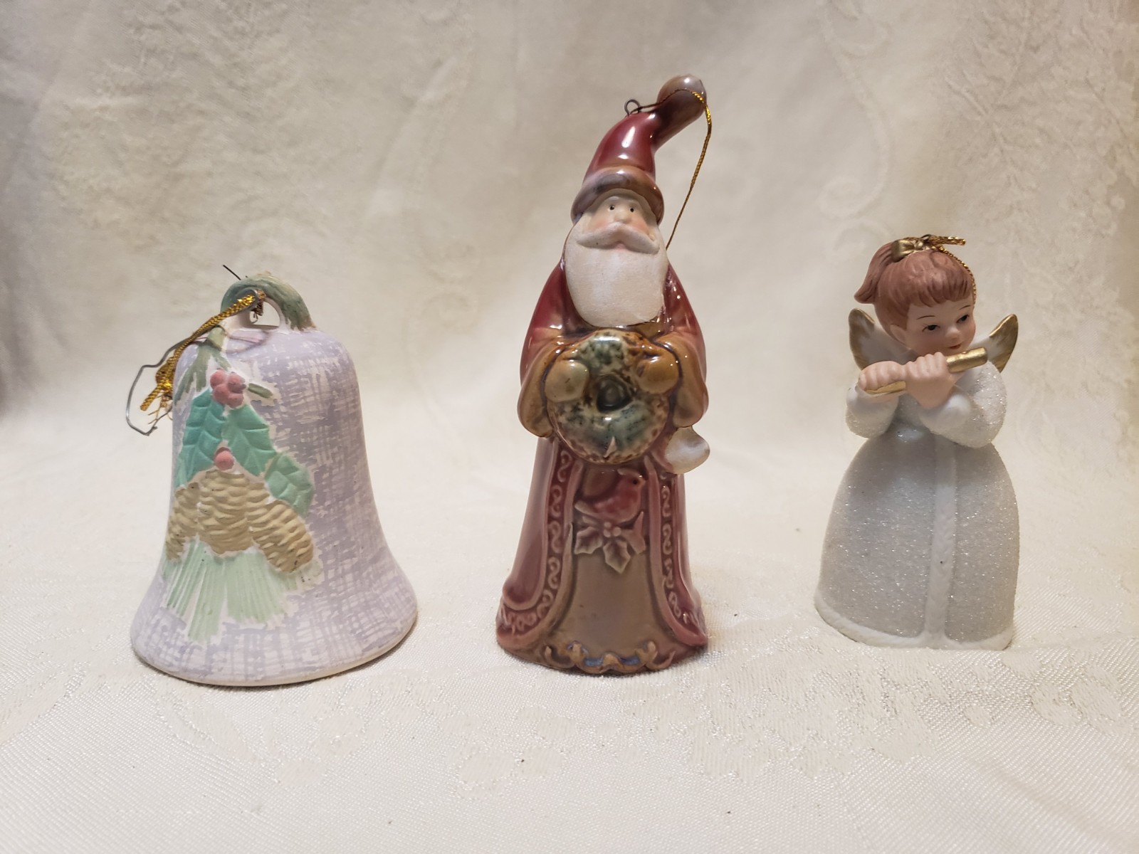 Lot Of 3 Vintage Bell Christmas Ornaments Homco Angel, 2 Handpainted Ceramic 