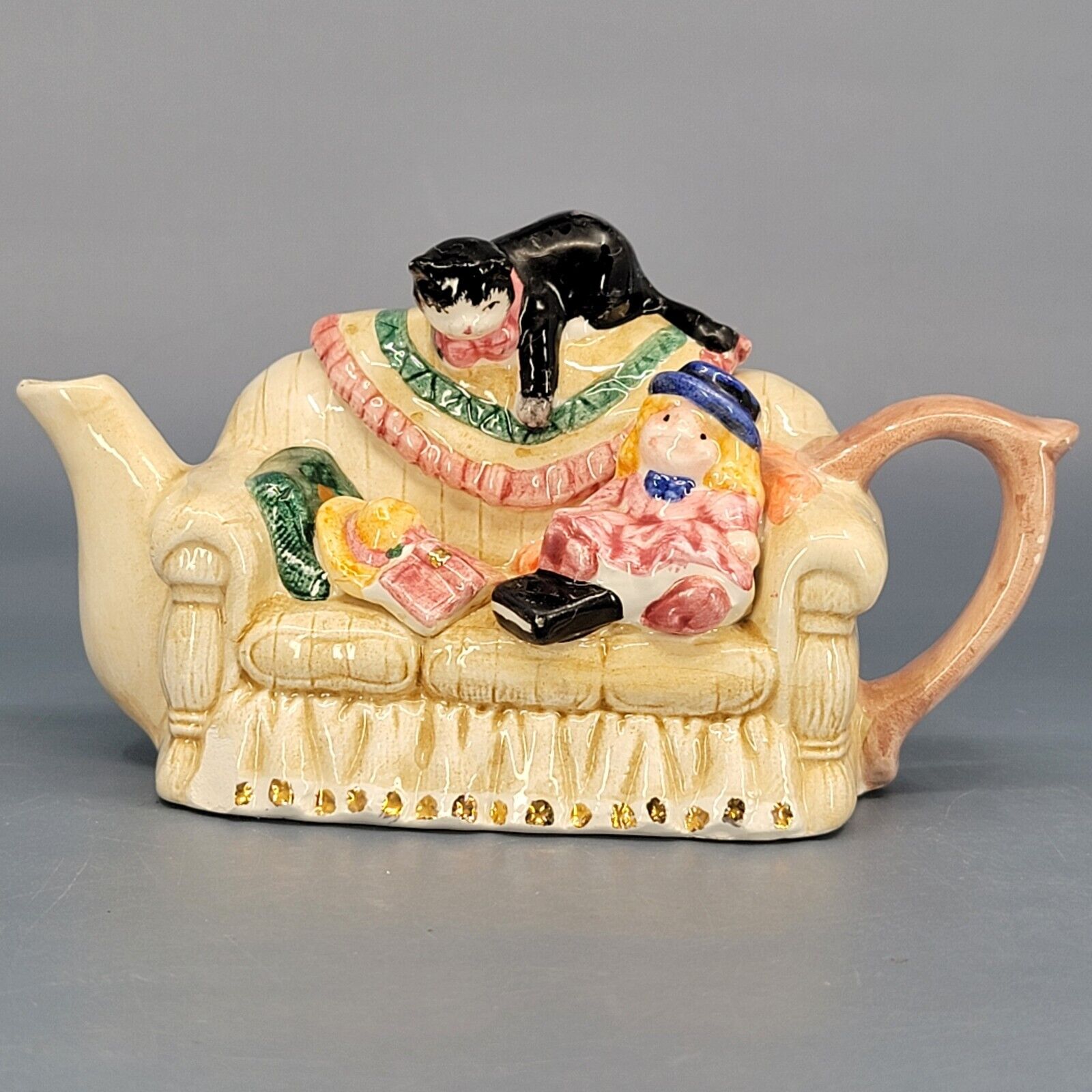 Delton Tea Time Hand Glazed & Painted Porcelain Teapot, Cat & Doll on Sofa