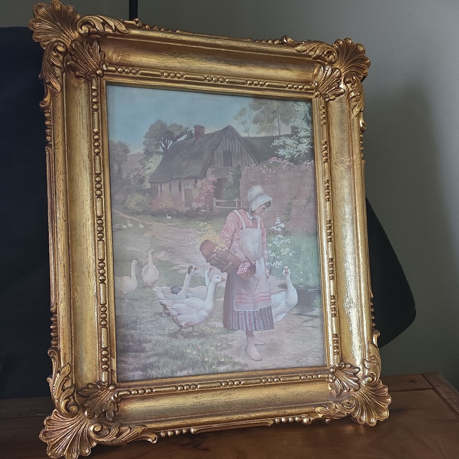 1978 SYROCO Homco 3330 Ornate GOLD Hollywood Regency FRAME Goose ART PRINT 22x18
