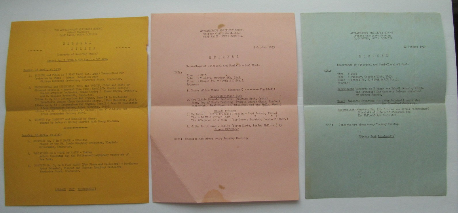 Antiaircraft Artillery School Camp Davis N.C. 1943-44 Concert Announcements (3)