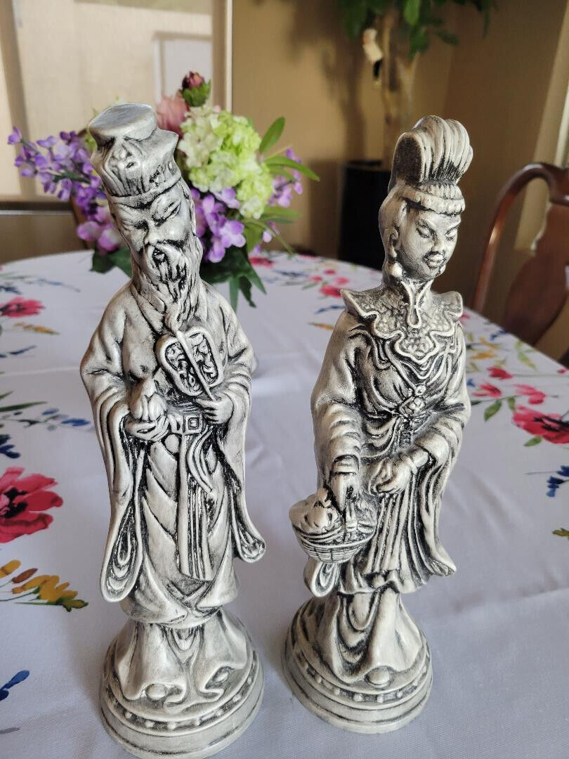 Vtg Gray & Black Ceramic Asian Male & Female Figurines