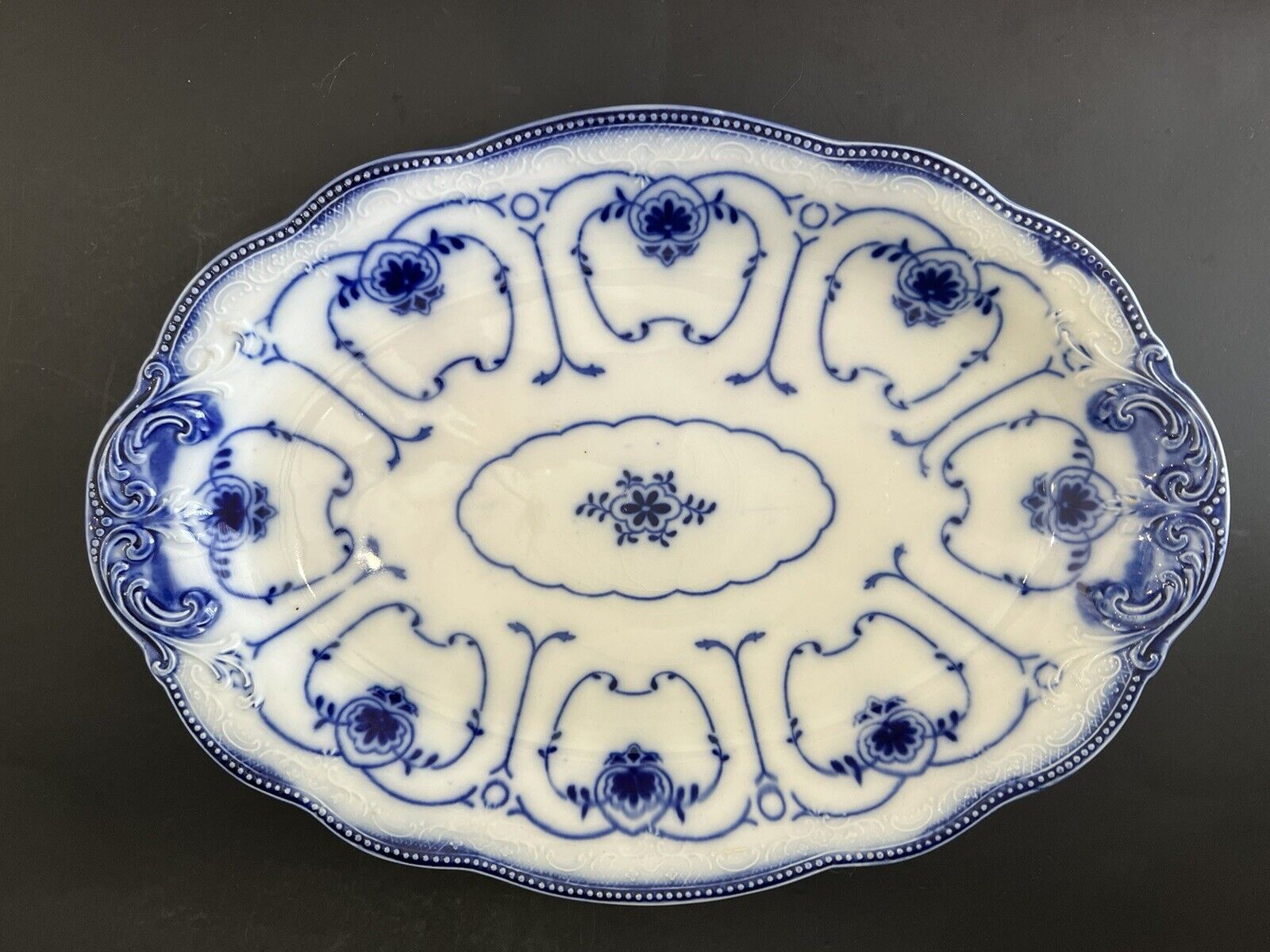 WH Grindley Flow Blue Platter Beaufort Pattern XL Oval 14” Antique 1899 Granny