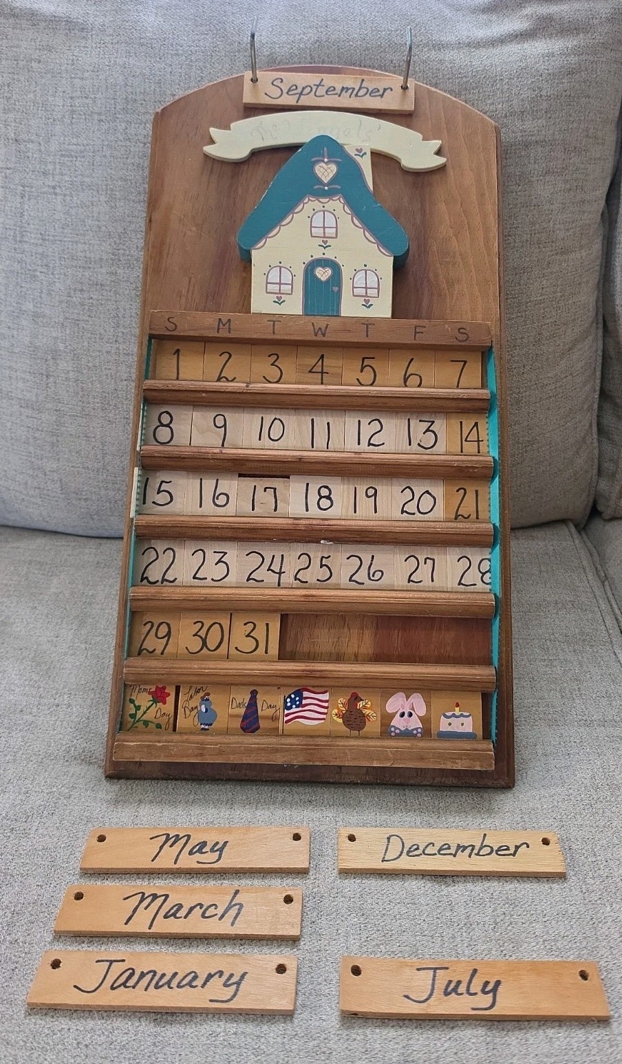 Vintage Cottage Core Wooden Perpetual Calendar with Decorative House