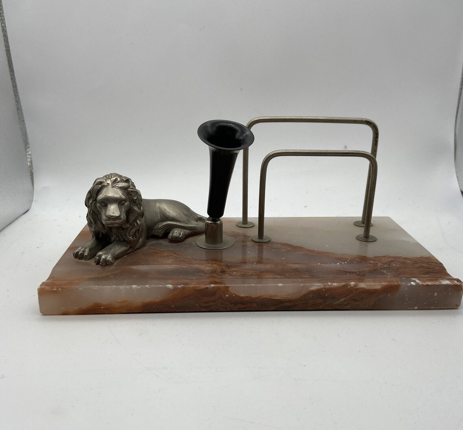 Vintage Pen holder desk set - Marble Base Metal Lion