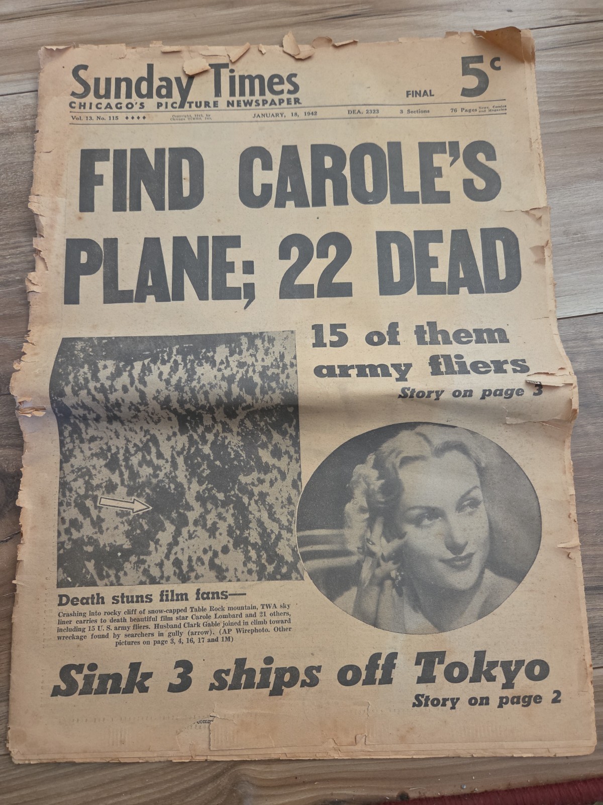 Carole LOMBARD PLANE CRASH CHICAGO NEWSPAPER JAN 18 1942
