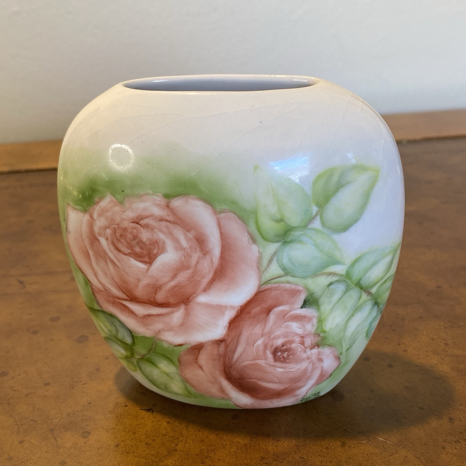 Antique Hand Painted Pillow Bud Vase Pink Cabbage Roses Signed Sallie Pugh 4.5\'