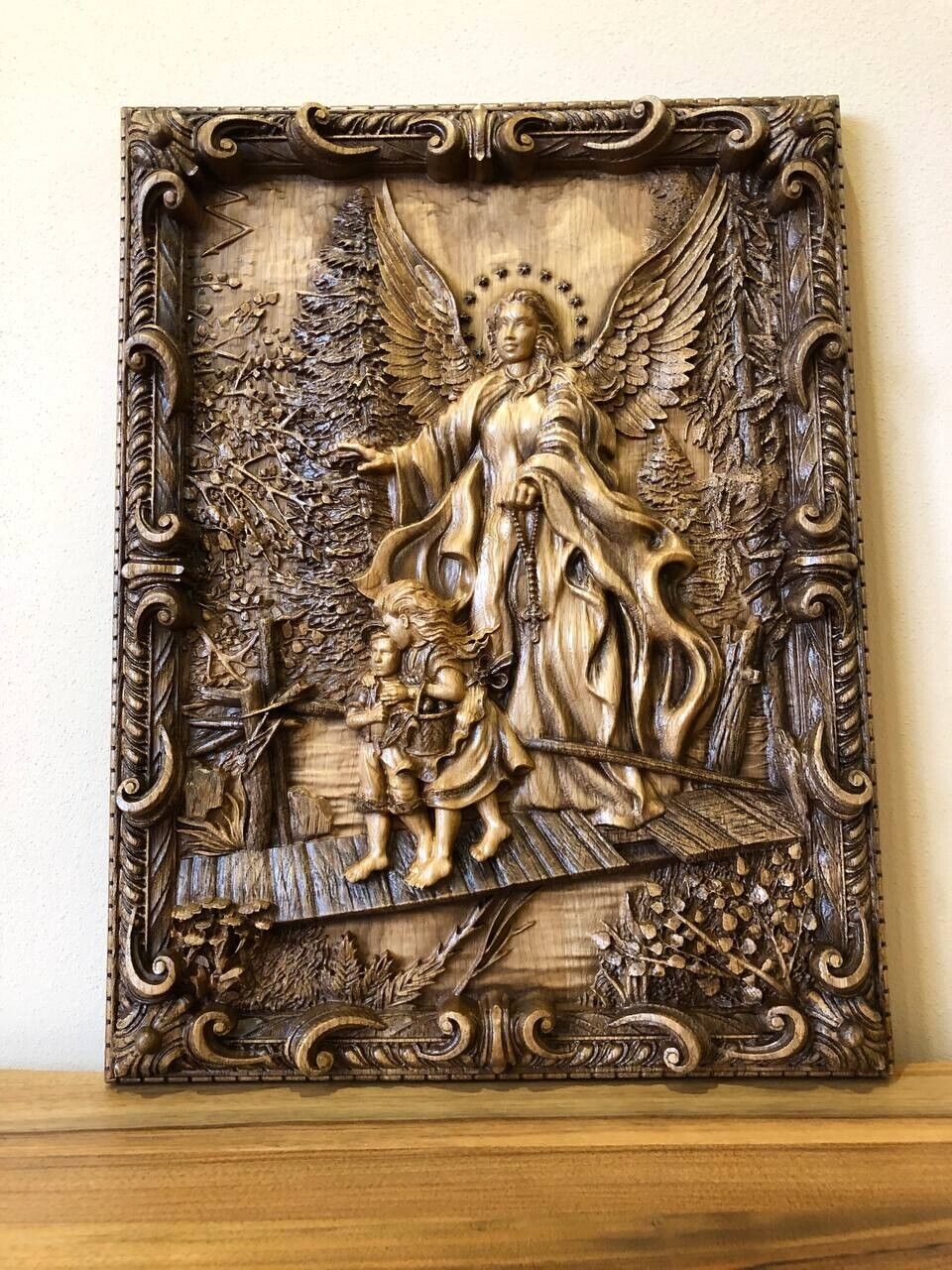 Guardian Angel Icon 3D Wood Carved Religious painting  Gift Oak