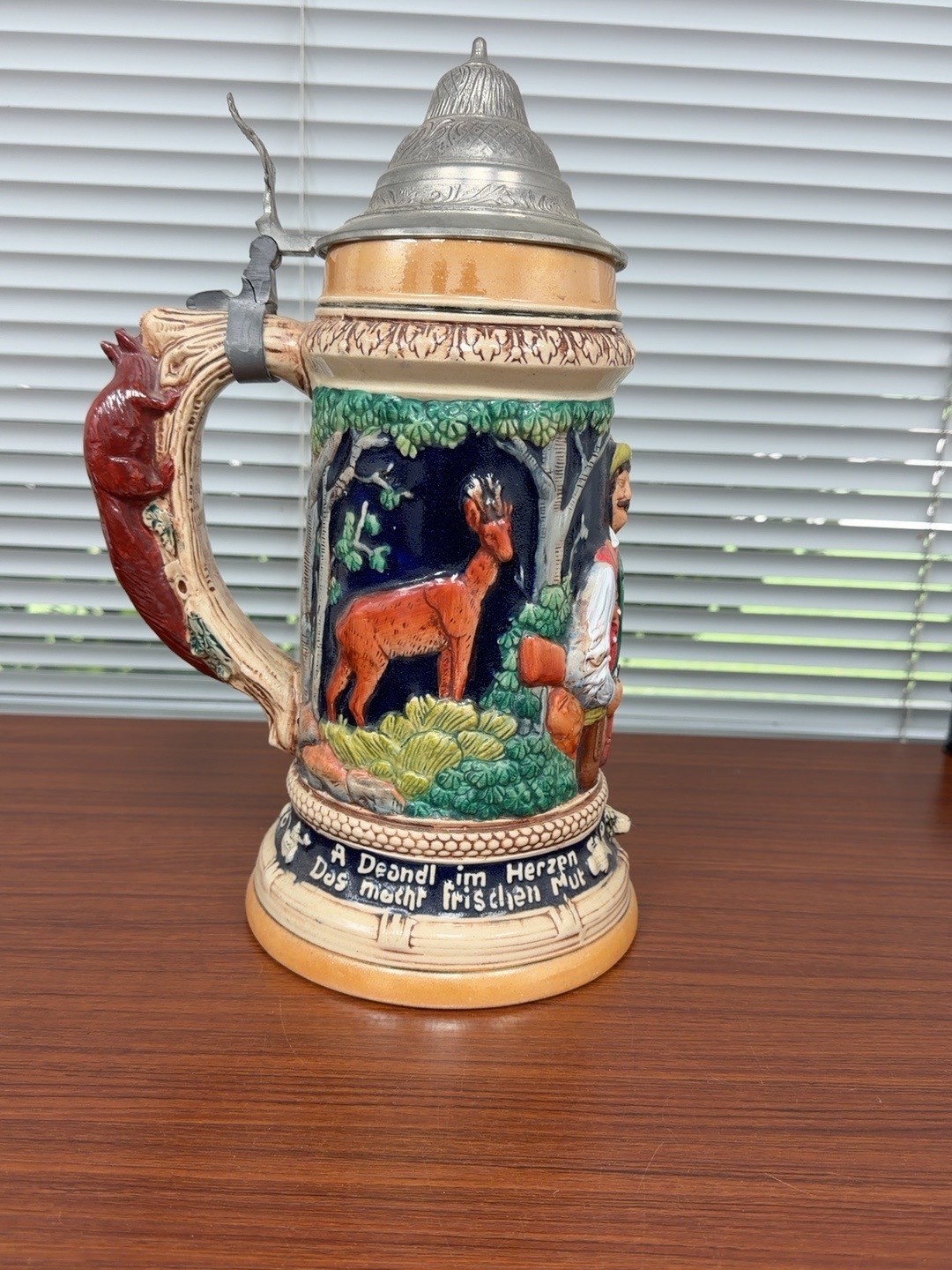 Vintage West Germany 1.5L Hunting Beer Stein #1128 13” Pewter Lid Squirrel
