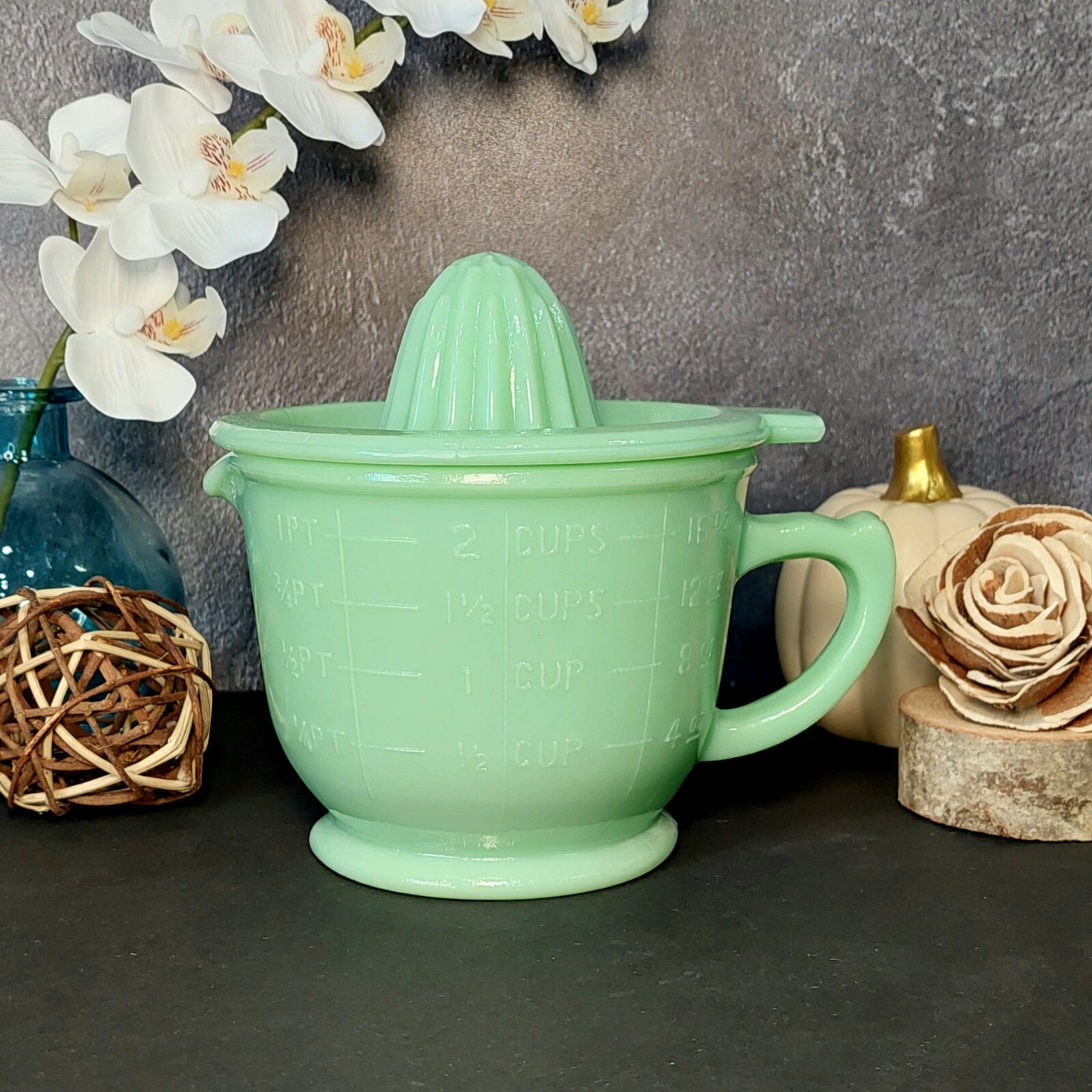 Green Jadeite Glass Depression Style Measuring Cup & Reamer, Vintage Style