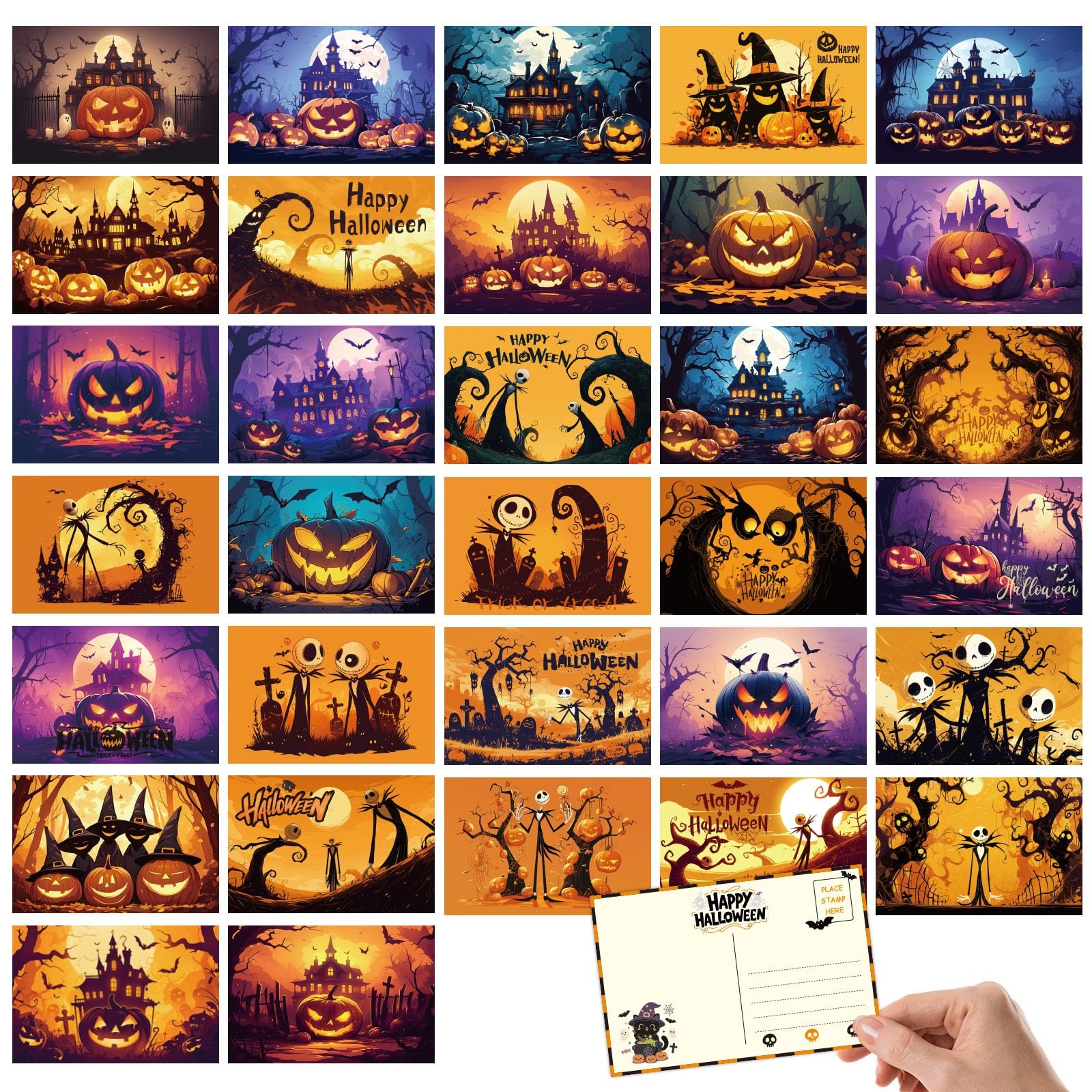 Tlenpo 32 Cute Halloween Postcards, Scary Pumpkin 4×6,