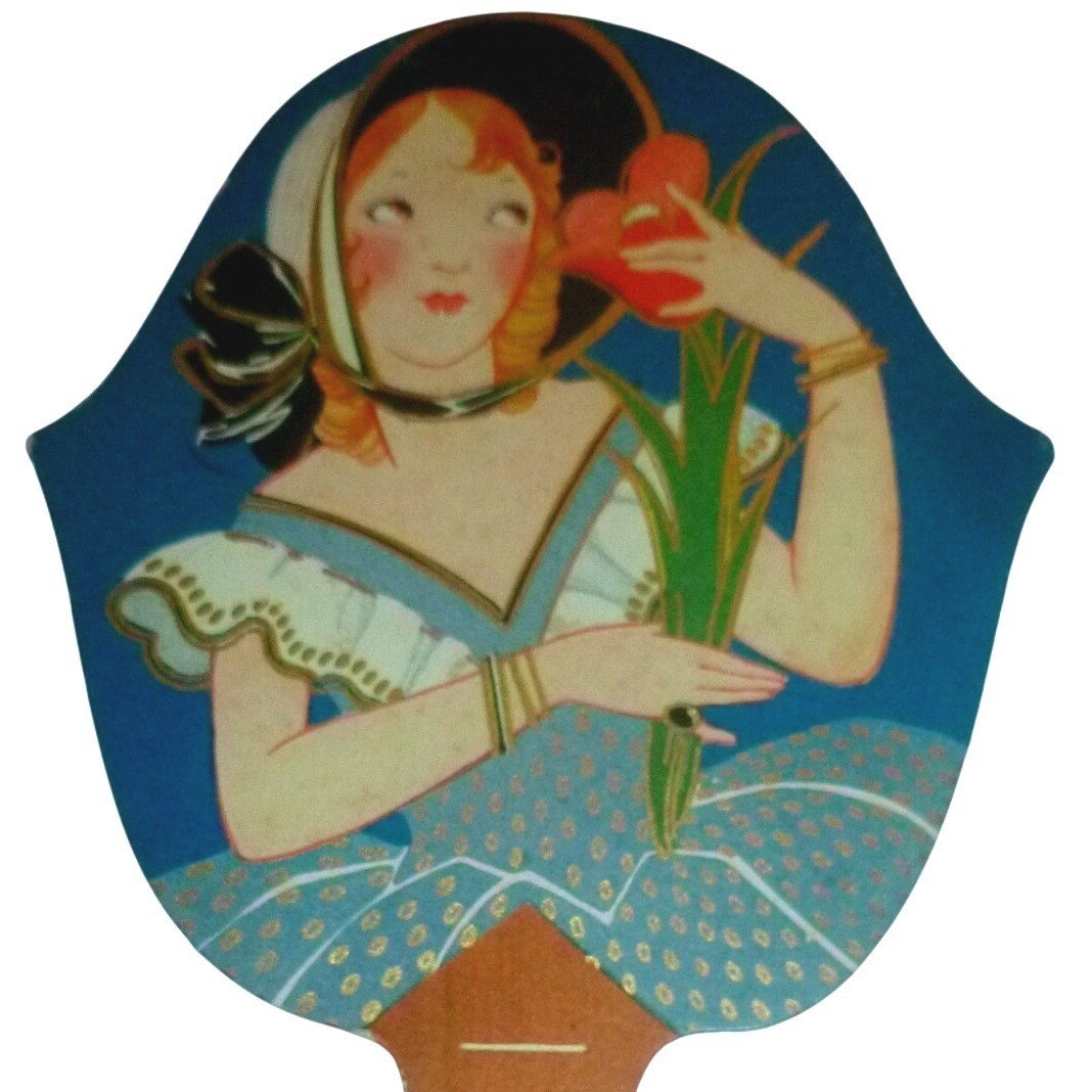 Vintage Art Deco Flapper Girl Die Cut Bridge Score Card Hand Fan Shape 1920s