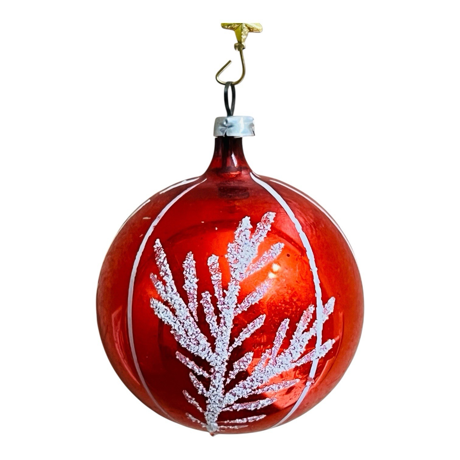 Vintage West Germany Red Glass With White Mica Florals Ornament