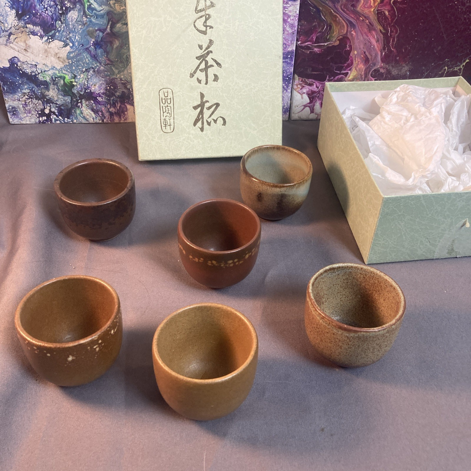 Vintage Japanese Pottery Ware Tea Cup Set Of (6 )Utensils Hand Crafted W/Box