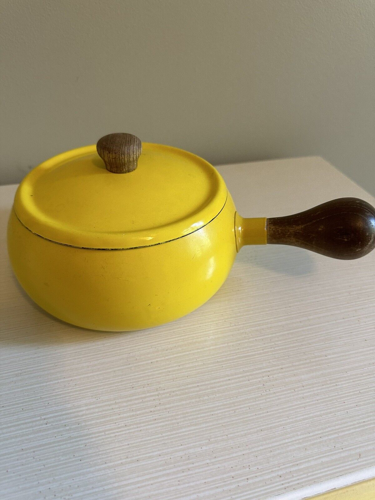  Vintage Yellow Enamelware 2QT Pot with Lid and Wood Handles MCM