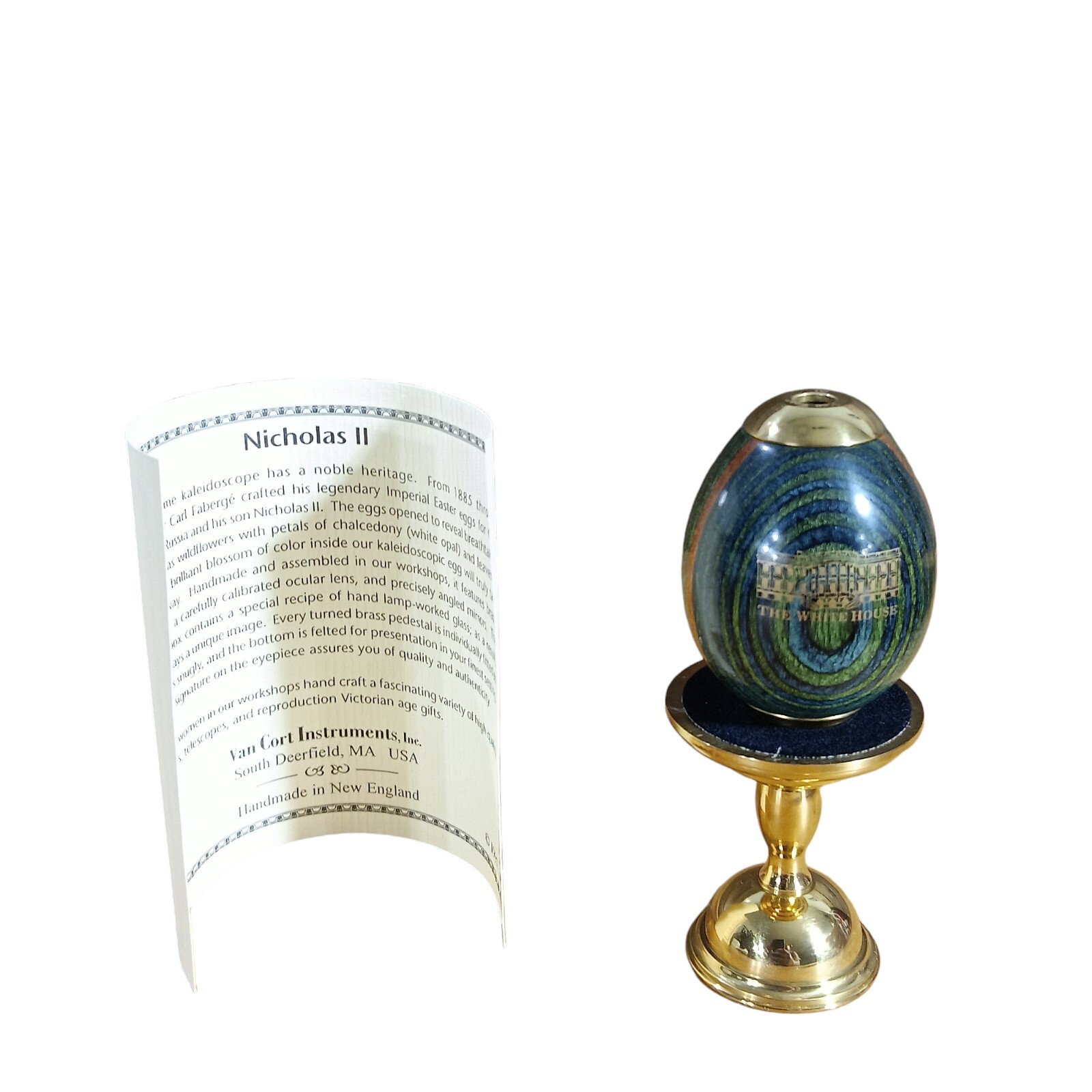 Vintage Van Cort White House Kaleidoscope Birch Wood Egg w/ Brass Stand Faberge 