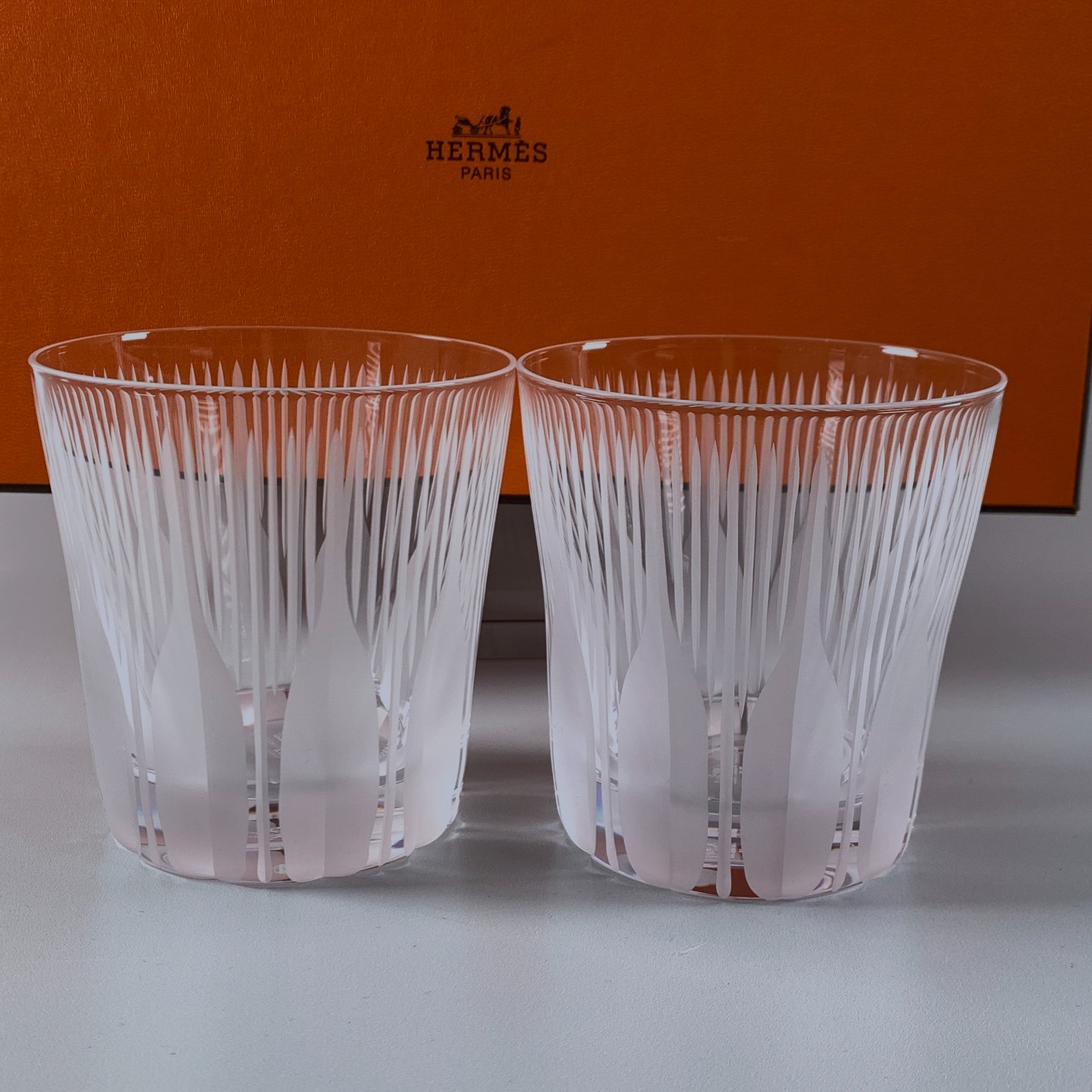 HERMES Paris Pair Crystal Clear Glass Rock Gobelet  Tumbler Glassware with Case