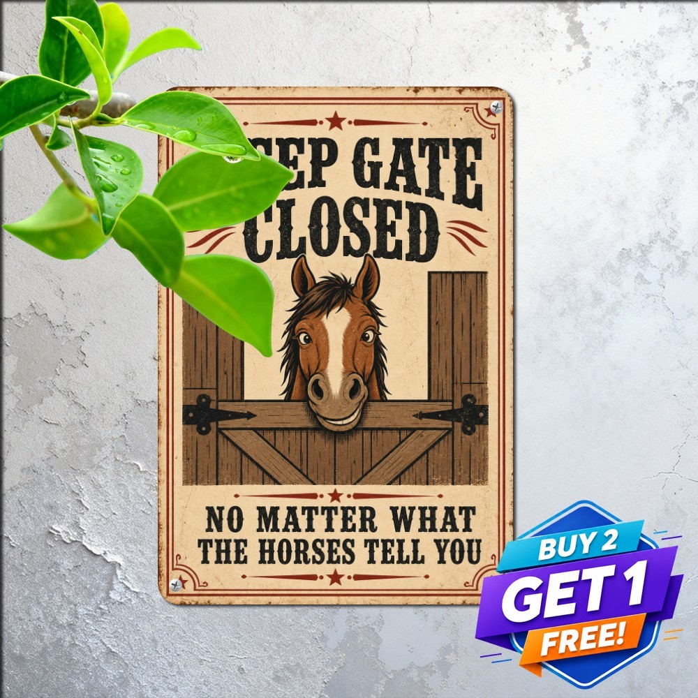 Keep Gate Closed No Matter What Horse Says Sign Metal Tin Plaque 8x12 Farm