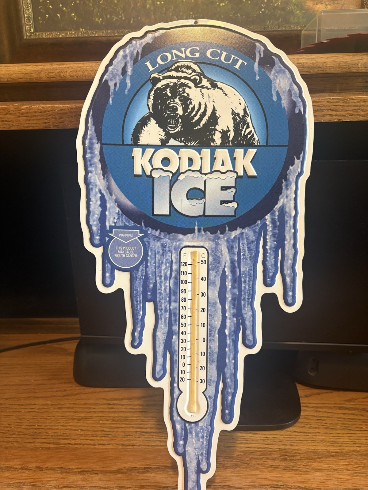 Vintage 20” Kodiak Ice Thermometer Tobacco Embossed Metal Sign Pre-owned Not Use
