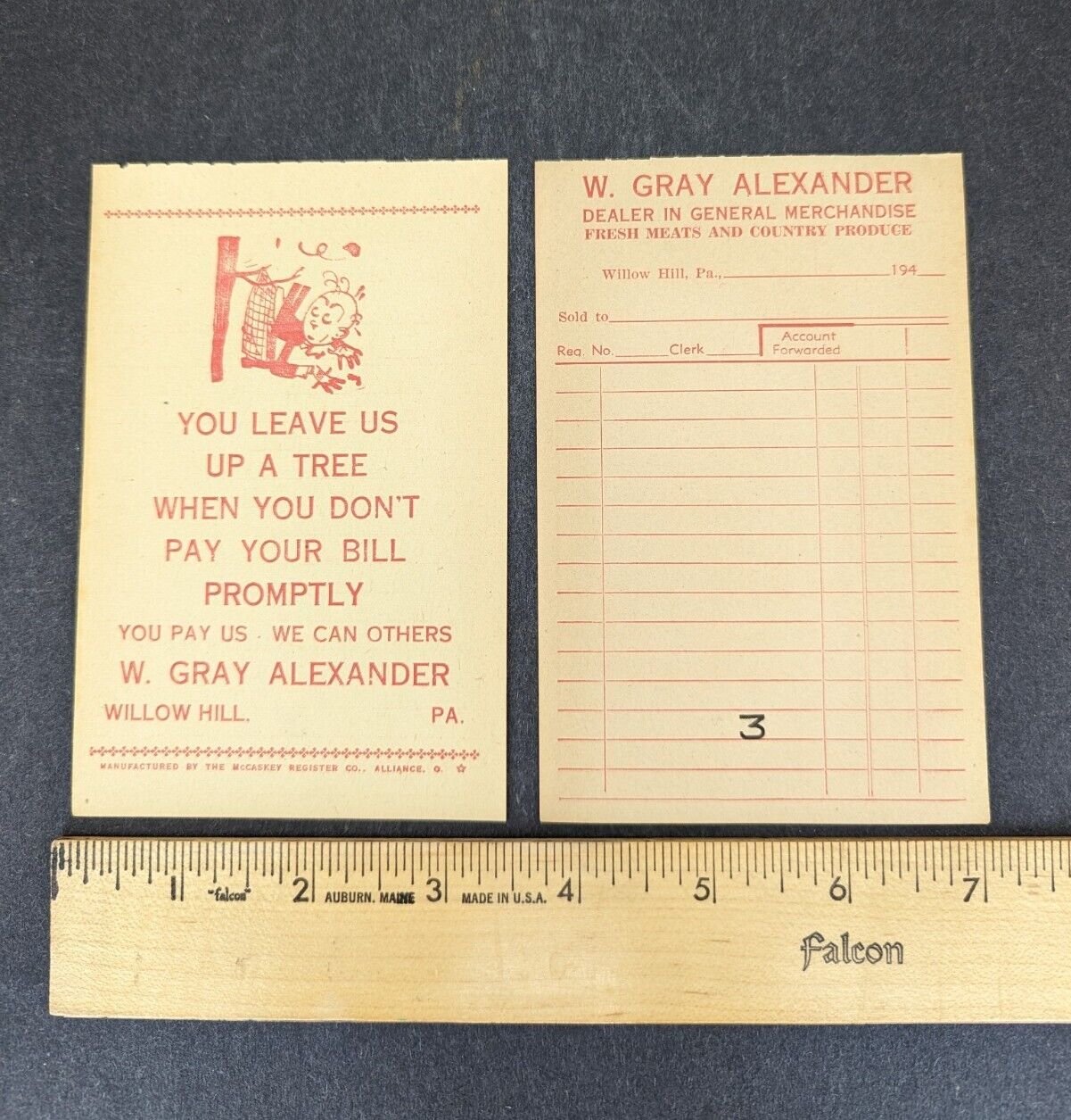 W Gray Alexander General Merchandise Willow Hill PA Leave Us Up a Tree Receipt