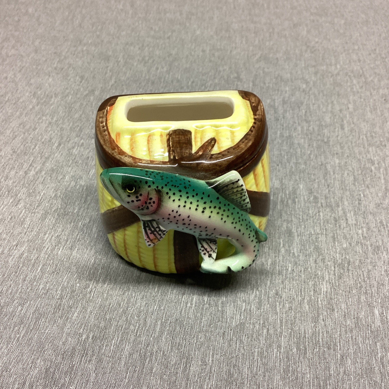 Vintage Swank Japan Ceramic Rainbow Trout Fisherman’s Woven Basket Lighter Cover