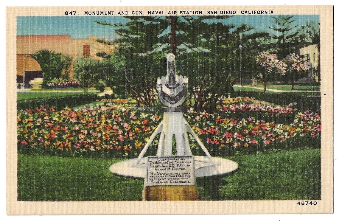 San Diego California c1940\'s U. S. Naval Air Station, monument and gun