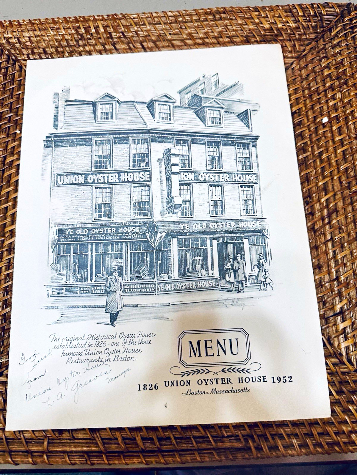 Signed Union Oyster House Menu Boston, Massachusetts Ye Old Oyster House 1952