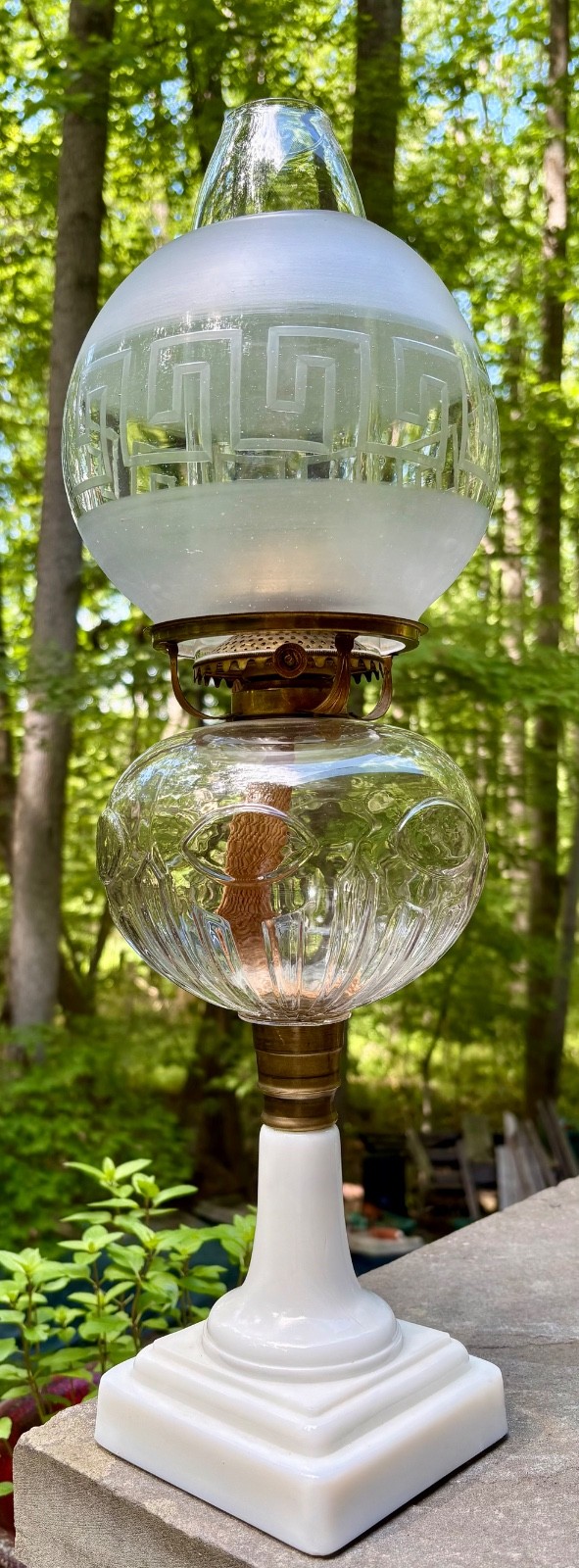 RARE Eyes and Ties Oil Lamp Collins 1865 Burner, MacBeth Chimney, Gr. Key Globe