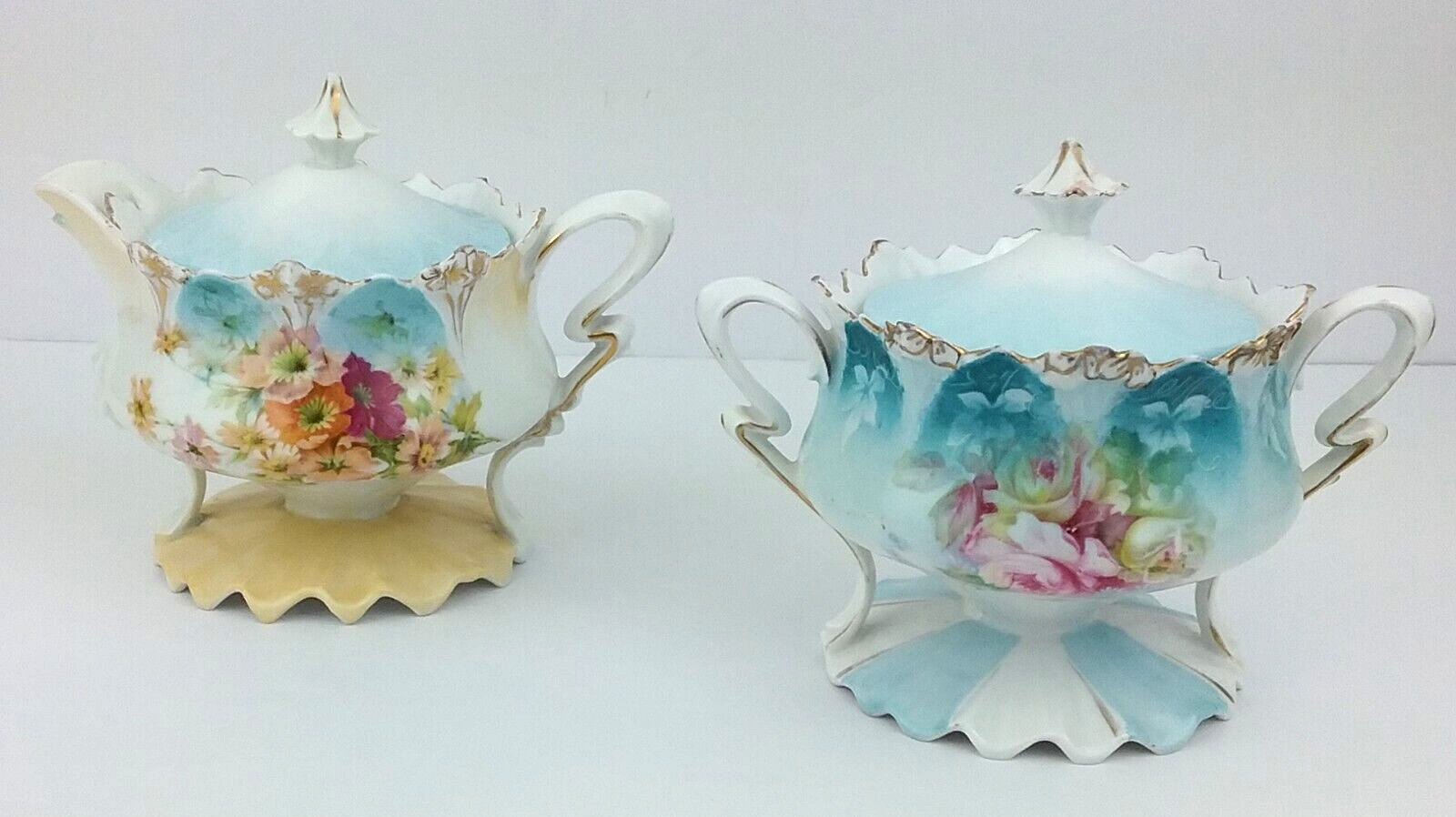 Antique RS PRUSSIA Floral Porcelain Pedestal Sugar Bowl & Creamer with Lids