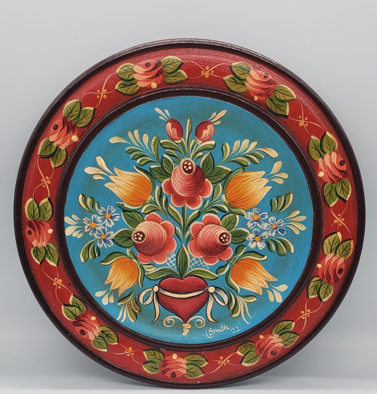 Norwegian Rosemaling Hand-Painted Wood Plate Folk Art  10\