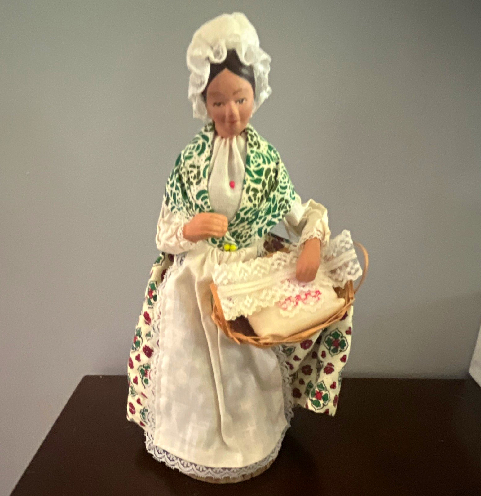 French Santon Doll Lace Cap Apron Linen Dress Basket Terra Cotta Hands Face vtg French Santon Doll Lace Cap Apron Linen Dress Basket Terra Cotta Hands Face vtg