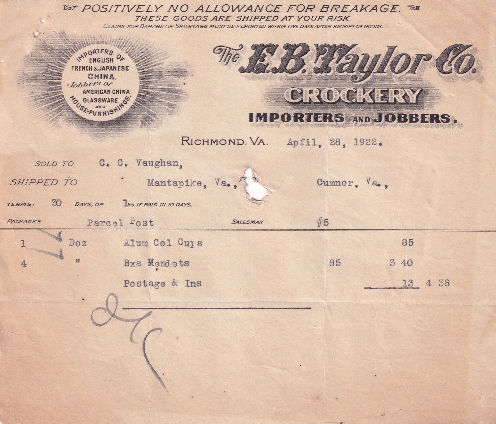 April 1922 E B Taylor Richmond Virginia French & Japanese China Importer Invoice