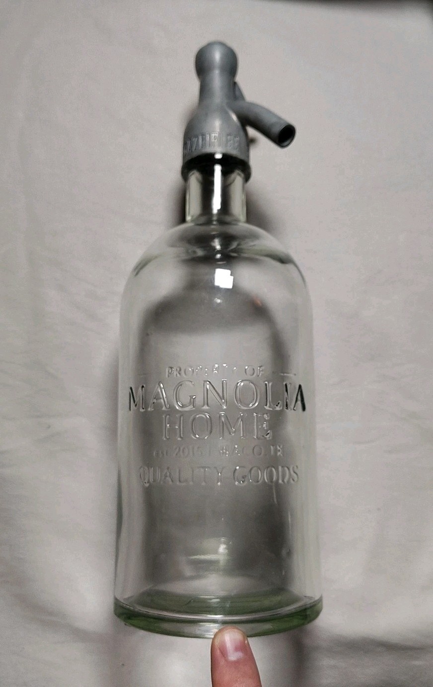 VTG Inspired Magnolia Home Embossed Clear Glass Seltzer Bottle, Decorative Only