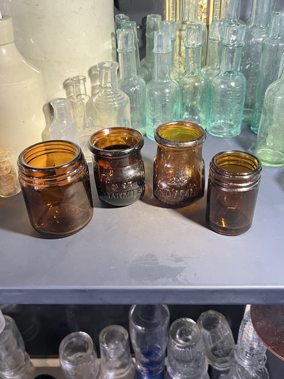 4x Vintage Kruschen Marmite Bovril Amber Brown Octagonal Round Bottles Bundle