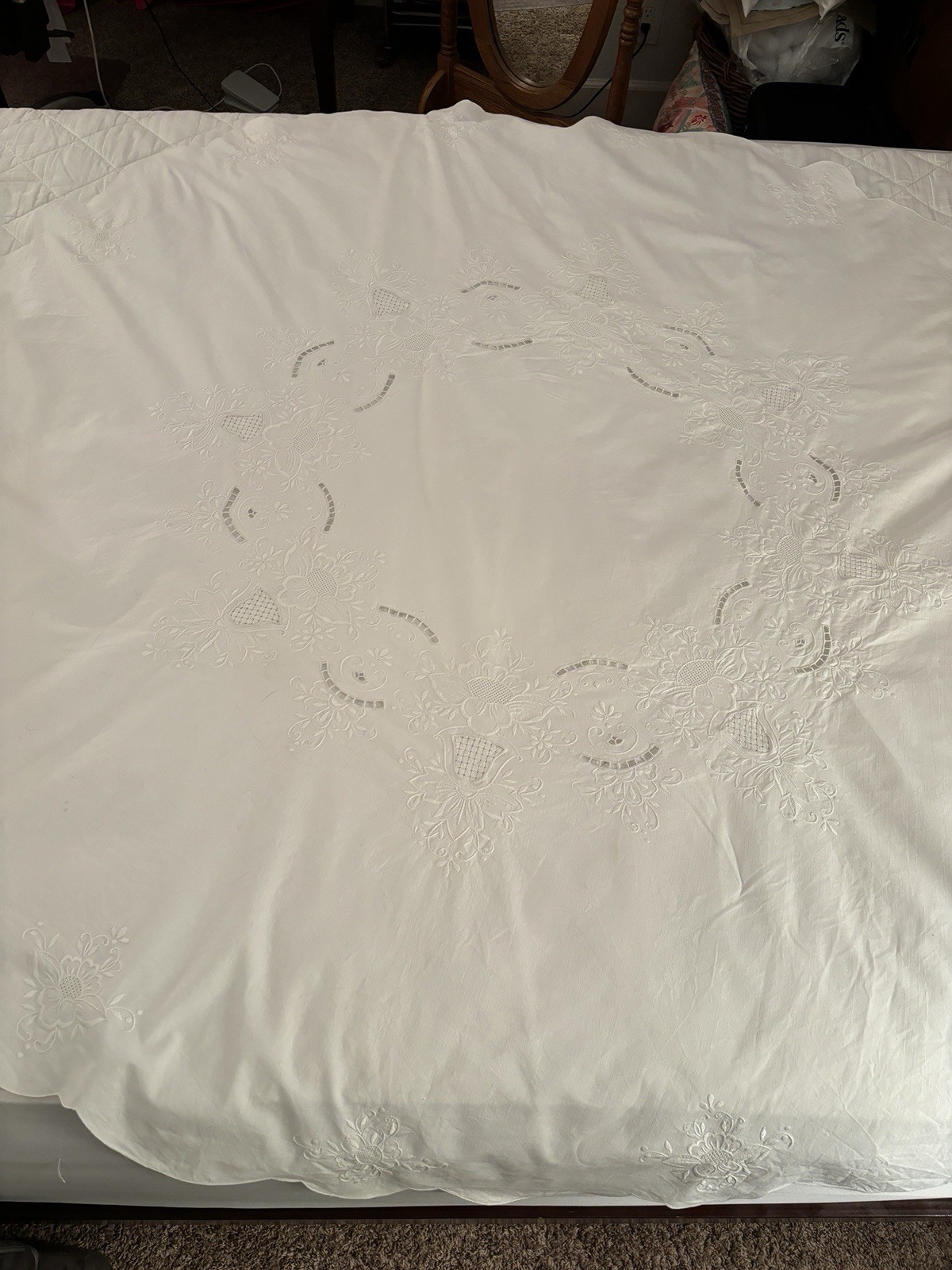 Vintage Hand Embroidered Round White Table Cloth Pristine Condition 65” Diameter Vintage Hand Embroidered Round White Table Cloth Pristine Condition 65” Diameter