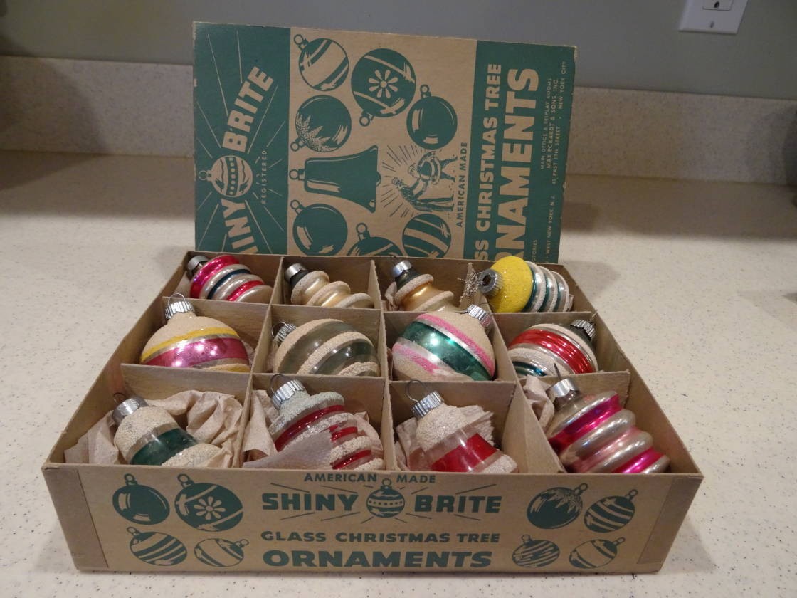 Vintage SHINY BRITE Mica Glass Christmas Ornaments Lanterns Bells Balls Atomic
