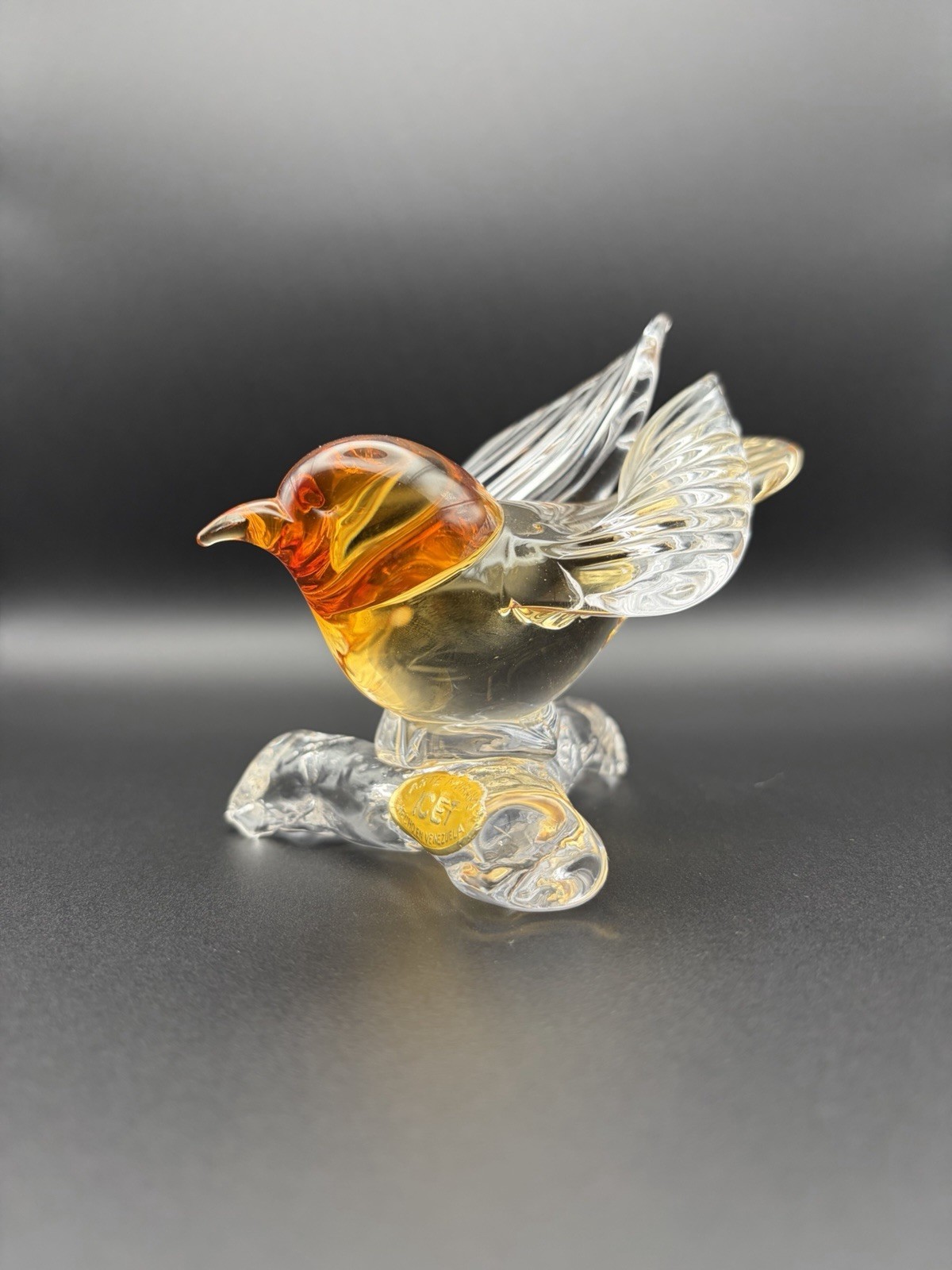 Icet Arte Murano Glass Bird On Branch Amber and Clear Venezuela Art Glass VTG