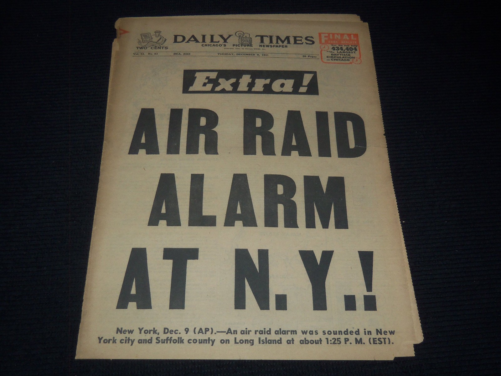 1941 DECEMBER 9 CHICAGO DAILY TIMES NEWSPAPER - AIR RAID ALARM AT N.Y - NP 9362