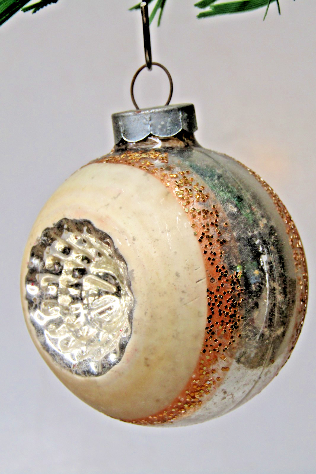 VTG Glass Double Indent STARBURST Gold Confetti BALL Christmas Ornament Franke