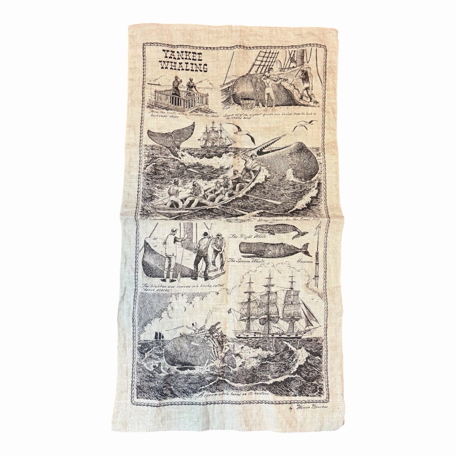 Vintage Warren Boucher Nautical Tea Towel Whaling Maritime